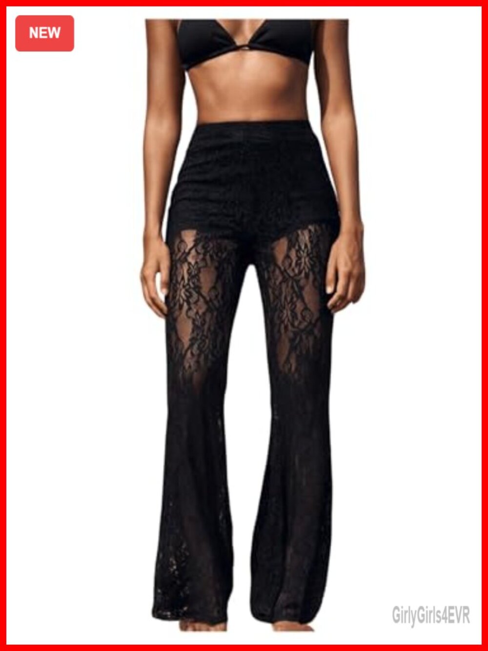 Women's Floral Lace Sheer Mesh Flare Pants Elastic High Waisted Long Trousers